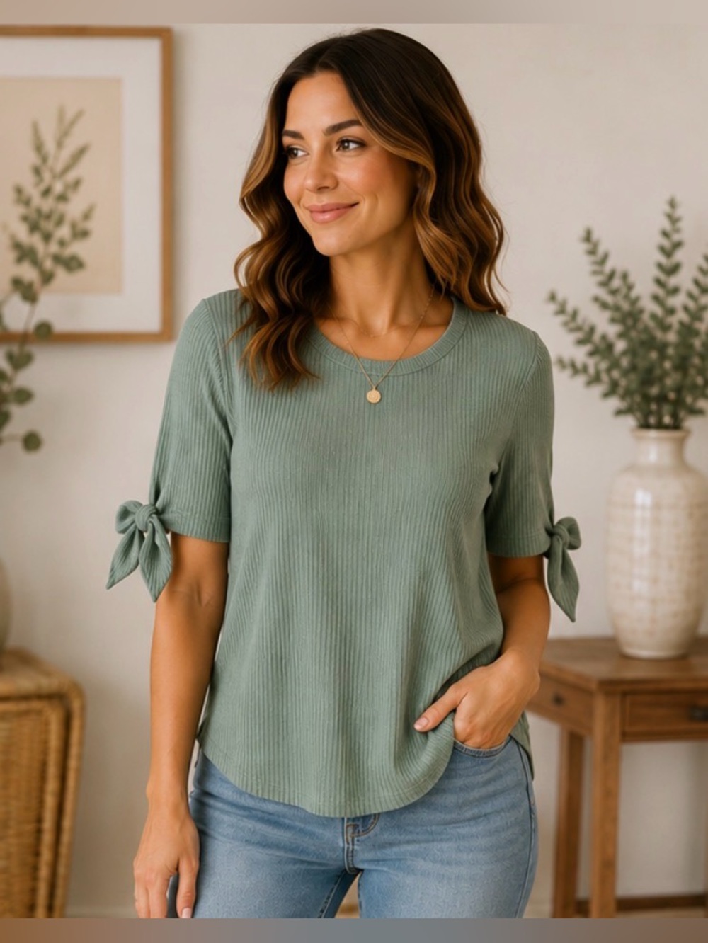 370 Altar’d State Sage Green Ribbed Knit Tie Sleeve Top Size M Boho